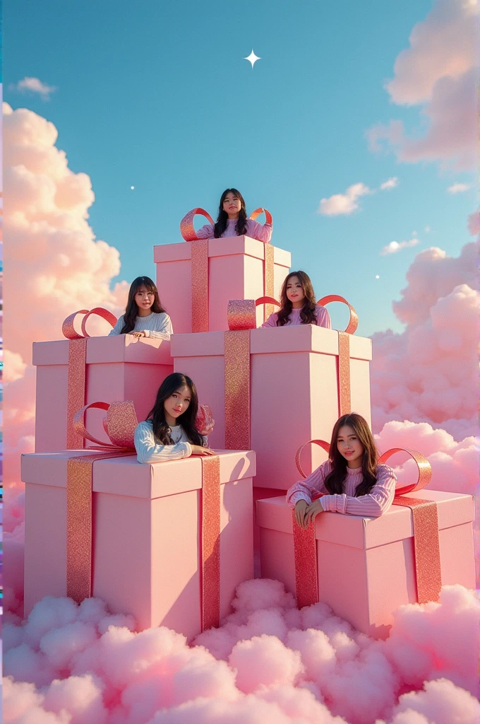 I'm taking photos for a new concept album. Create girl group concept photos with giant mysterious gift boxes