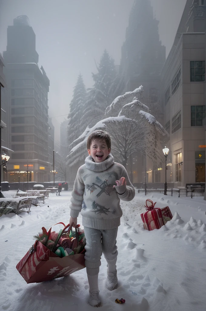 (very sharp photo result, hyper realistic photo) (Best Quality), (masterpiece), (Ultra-detailed CG),(magical ) cinematic look, desaturated film color, soft grain, heavy snow fall on foreground, on the evening heavy winter scenery, there is a happy kid wearing christmas sweater, short pants and sneaker with white socks, running on the snow hold many big presents with his hands, his face is so expressive, theres some of the gifts & candy fall & scattered behind him, background on haze is christmas moment in big metropolis city boulevard of snow scenery, dramatic photography & shadow light