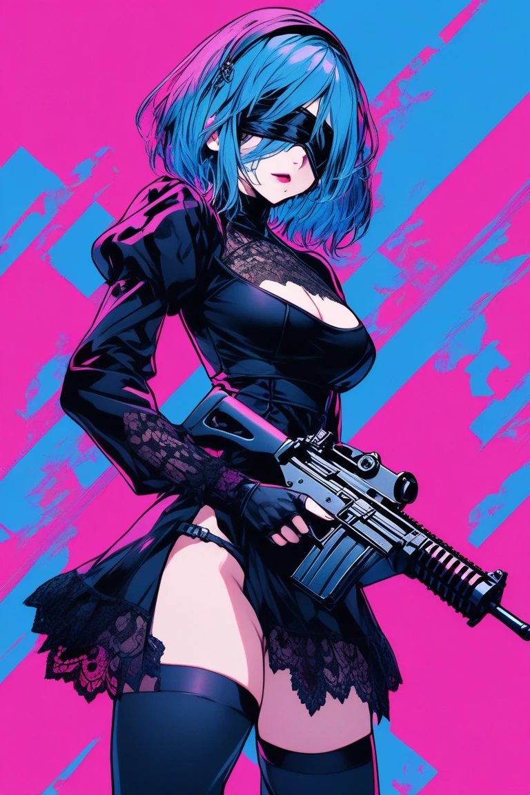 Illustrator, anime , Realistic ,sketch , 1 person, model, lip, A semi-transparent gothic black mini dress with abundant lace., fold, Cover your eyes, black Blind order, Blue gradient background, Neon colored hair, Big Breast Sexy look, Sexy pose,s a machinen, Texture Trim, Russia, (masterpiece,Highest quality)