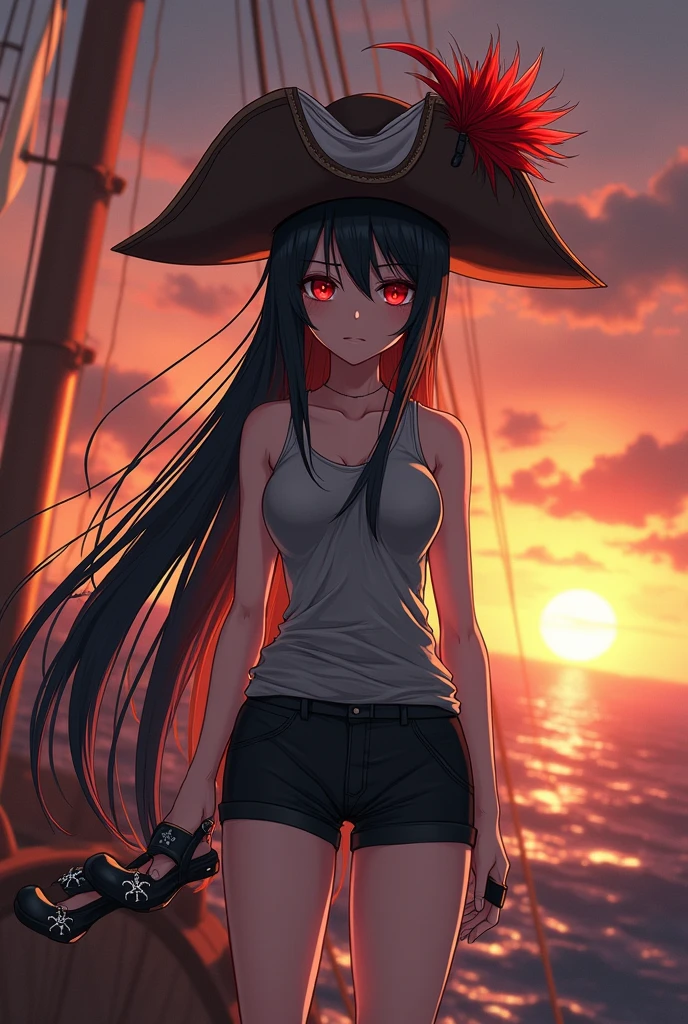 SHE IS A WOMAN, with long straight black hair, he wears a huge pirate hat on his eojo-colored head, a red feather and the brim of the hat are brown, it's white, It has a single, enormous red eye in the center of its face and no mouth. , he wears a gray sleeveless tank top and black shorts with black meduas that have a cross, hasla anime manga style
