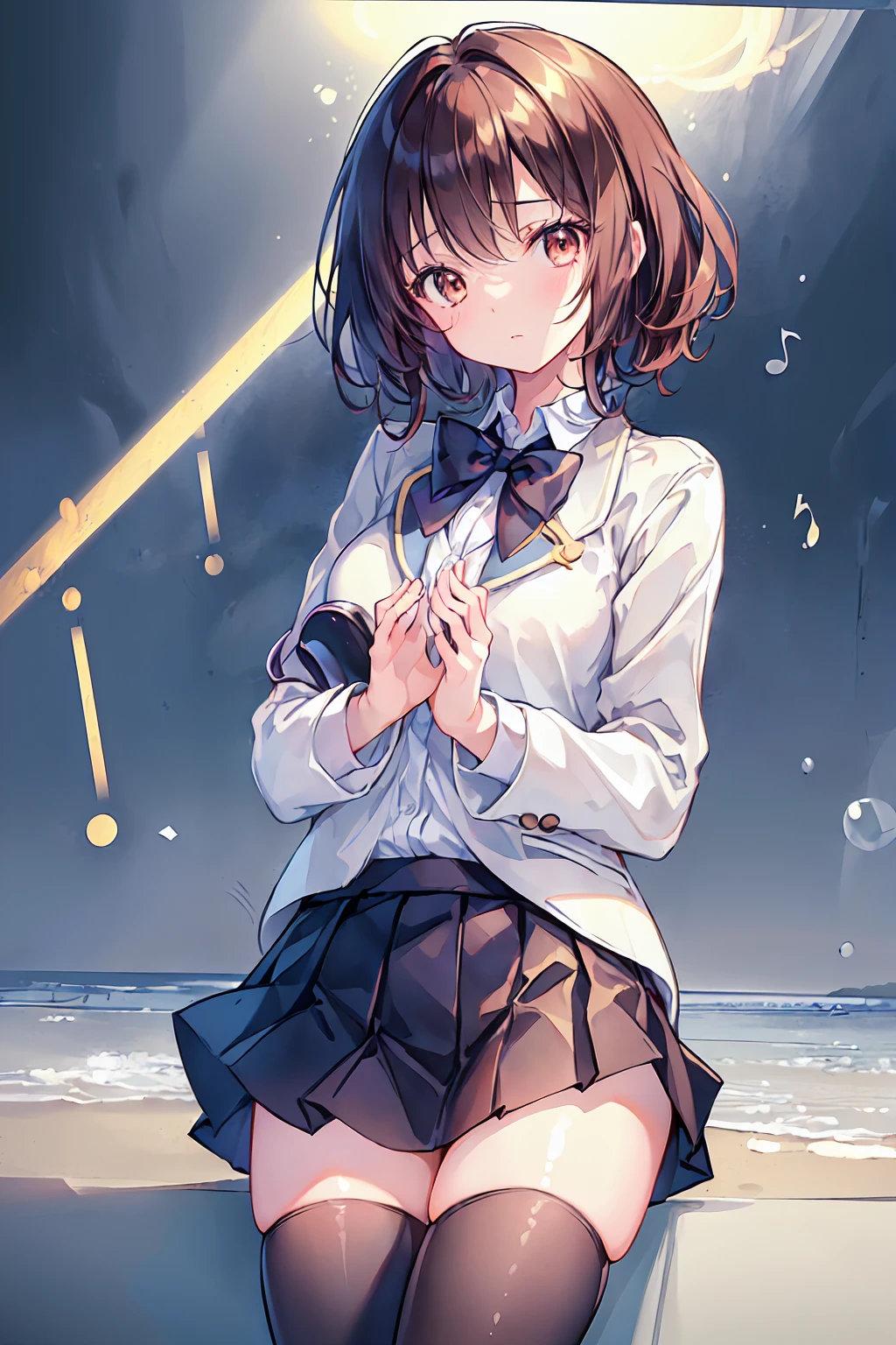 1 person, ((((masterpiece))), Highest quality, Highest quality, Attention to detail, Azusa Nakano, 1 person, Sakuragaoka High School Uniforms, musical instrument,Fluffy hair , Brown eyes, alone, red, ブレザーにredい細いリボンが付いています, A plain white button-up shirt is worn underneath the blazer., Black Stockings,Brown Hair,Shortcuts,Slender beauty,shape, comics, Calm tone, Calm colors, Cinematic soft light, Adobe Lightroom, Photo Lab, High resolution, 複雑でVery detailed, (((Written boundary depth))))). (((masterpiece))). (((Highest quality))).) ((Very detailed))). (((shape))). chest,(((room))).Dynamic Focus.小さなchest.