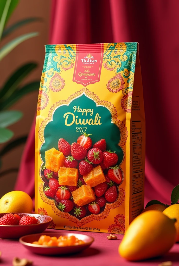 a package design for an assorted set of dehydrated fruits festive Indian design