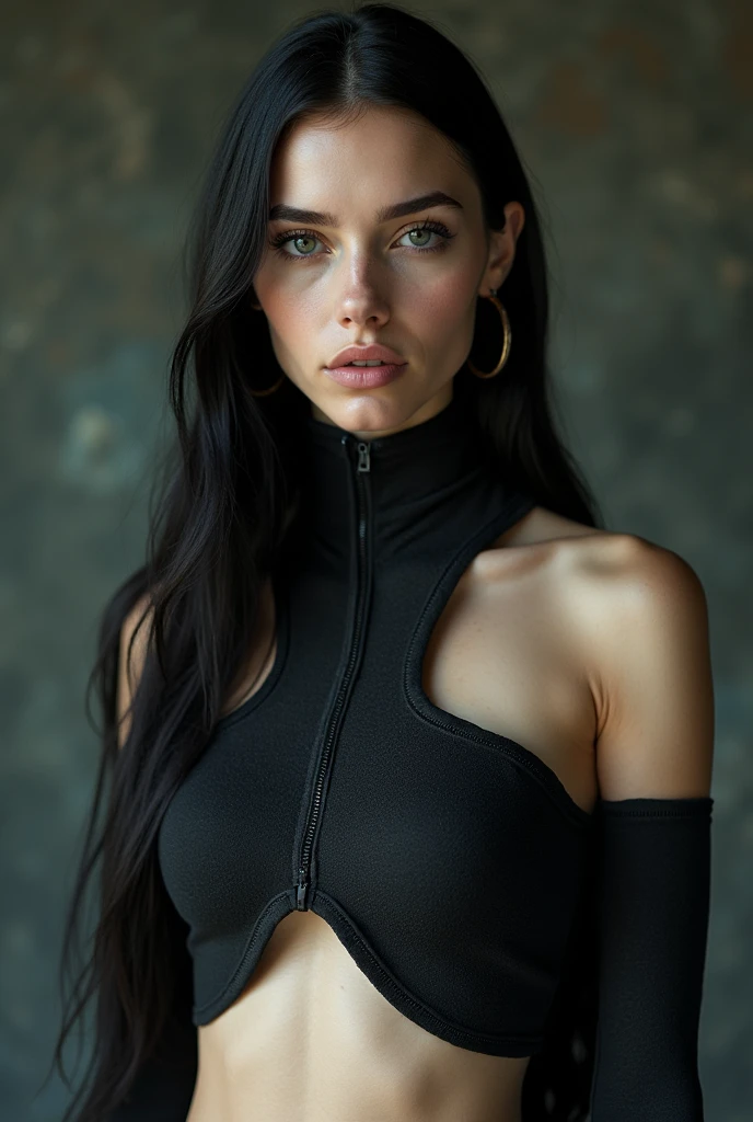 a 25 yo woman in a highly detailed sexy futuristic cyberpunk black crop top , (finely detailed skin), pale skin, beautiful epic composition, futuristic, masterpiece, sensual, appealing, posing for a photo, soft light 4k,(masterpiece), best quality, expressive eyes, perfect face, body of fusion, showcases a surreal, sorcery, metamorphosis, and the occult, depicting fantastical creatures and haunting , centered, highly detailed, extremely detailed, delicate detail, crisp quality, ultra realistic, hyperrealistic, surrealism, dark art,