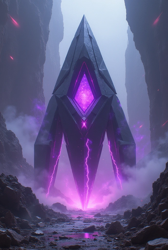 purple inner energy, jet-black crystal like jagged body, triangle shaped mechanoid, no legs