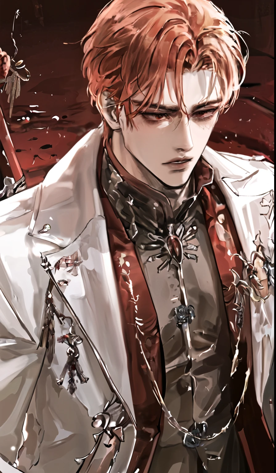 A man with golden hair, red eyes, a stoic expression, handsome, fierce, and cold.