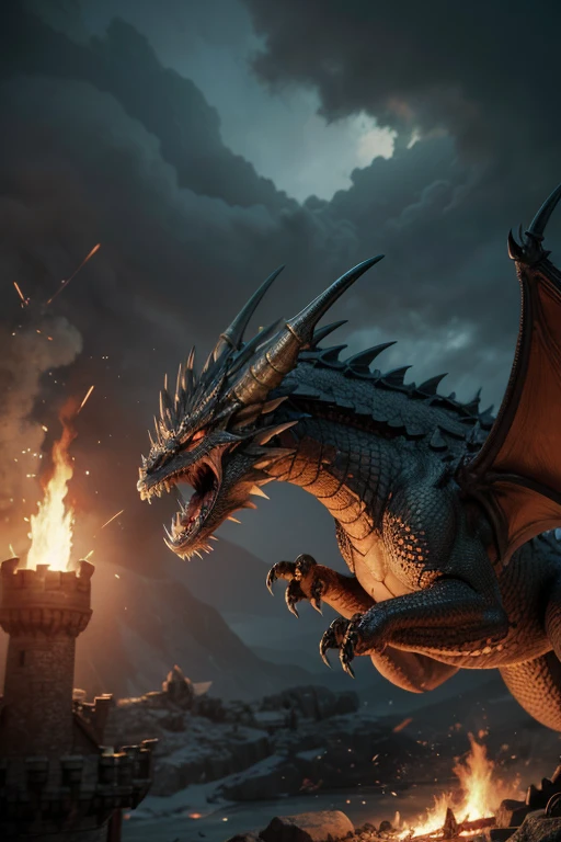 A large, dragon conquering a castle with fire and a great battle
