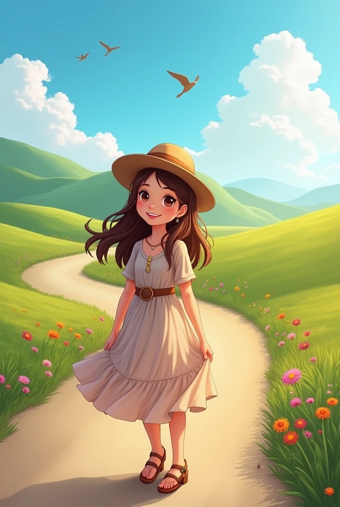 Create an image of a standing confidently on a picturesque road. She should have a youthful and vibrant appearance, with a radiant smile and a natural, carefree demeanor. Her outfit should be stylish and fitting for her age—perhaps a trendy, casual outfit like a flowy dress or a chic top with jeans. She could be accessorized with subtle jewelry or a fashionable hat.
The background should feature a stunning, scenic road winding through a picturesque landscape. The road should be flanked by lush, green meadows or fields, with a backdrop of rolling hills or distant mountains. The sky should be clear and bright, with the sun casting a warm, golden light over the scene. Add details like wildflowers along the roadside, and maybe a few birds flying in the sky, to enhance the serene and beautiful atmosphere of the setting