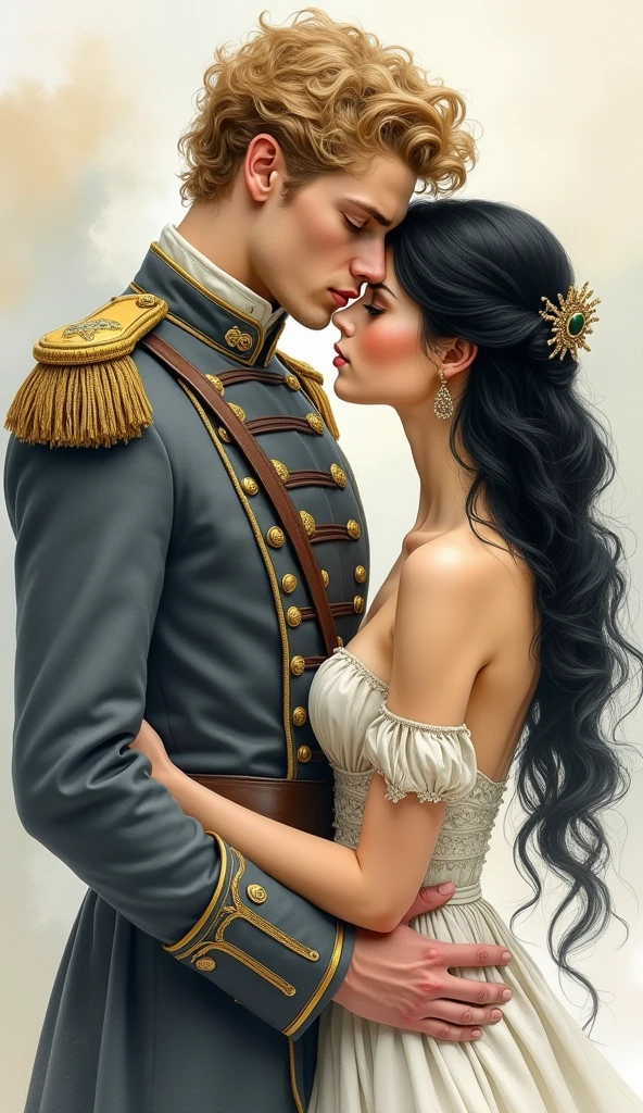 High-quality images of couples: Blond man (expensive、Statue-like、Handsome and、Brave young man、blue eyes、Curly blonde、Wearing grey antique military uniform) Black-haired woman (long, straight black hair、Long Bangs、Blackberry Eyes、Beautiful young woman、naked、Princess、hug。They are in love with each other。By Boris Vallejo「Ideal anatomy」Sketch of、Characterized by a high level of detail.。masterpiece、Detailed study of the face、Beautiful Face、Features of Beautiful Face、Perfect image、Realistic shots、Detailed study of the face、Full body image、8k、Detailed Images、Highly detailed illustration、A true masterpiece of the highest quality、Careful drawing。skin only、Gown and naked watercolor、
Watercolor