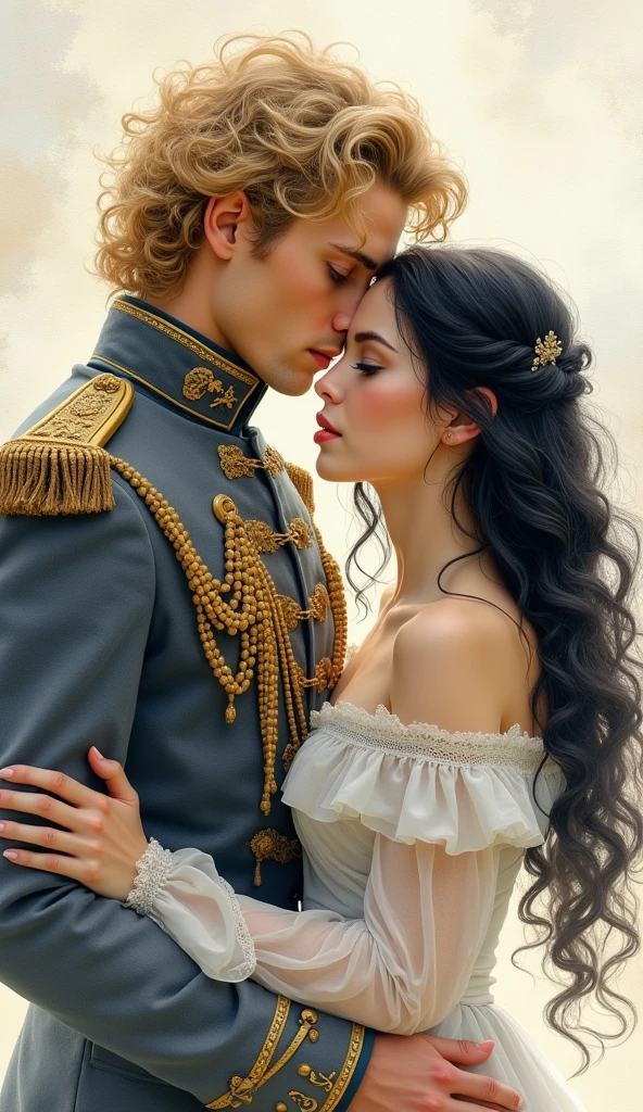 High-quality images of couples: Blond man (expensive、Statue-like、Handsome and、Brave young man、blue eyes、Curly blonde、Wearing grey antique military uniform) Black-haired woman (long, straight black hair、Long Bangs、Blackberry Eyes、Beautiful young woman、naked、Princess、hug。They are in love with each other。By Boris Vallejo「Ideal anatomy」Sketch of、Characterized by a high level of detail.。masterpiece、Detailed study of the face、Beautiful Face、Features of Beautiful Face、Perfect image、Realistic shots、Detailed study of the face、Full body image、8k、Detailed Images、Highly detailed illustration、A true masterpiece of the highest quality、Careful drawing。skin only、Gown and naked watercolor、
Watercolor