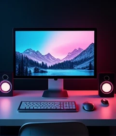 image of monitor desktop computer with all its accessories want to add them as a poster on my website also add black shade
add black shade