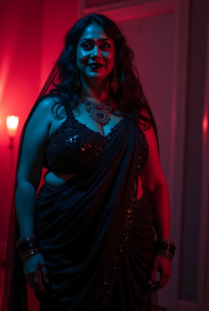 Looks like Aparna Dixit, full body Closeup shot, Big chubby aunty, milf, cougar lady witch, horny Gothic milf, 50 years old gorgeous mature lady, pervert demoness, demoness of lust, curvy, black lips, horny face, extremely gorgeous, thick figure, heavy physique, voluptuous, curvy, sexy figure, Fashionable portrait of androgynous alien looking witch wearing veil, glowing eyes, futuristic design, minimal details, givenchy, photoreal, 200mm, hd, f/ 2.0, highly detailed, surreal, sexy beautiful evil woman, sexy bold sequin Saree with strapless Bra, chudail, Pishachini, horror genre, blood-thirsty enchantress, powerful female spirit, eerie, drop dead, in the style of red and blue, (intricate details, hyperdetailed:1.15) (skin texture:1.2), dark Moody tone, cinematic lighting, haunted place in background,