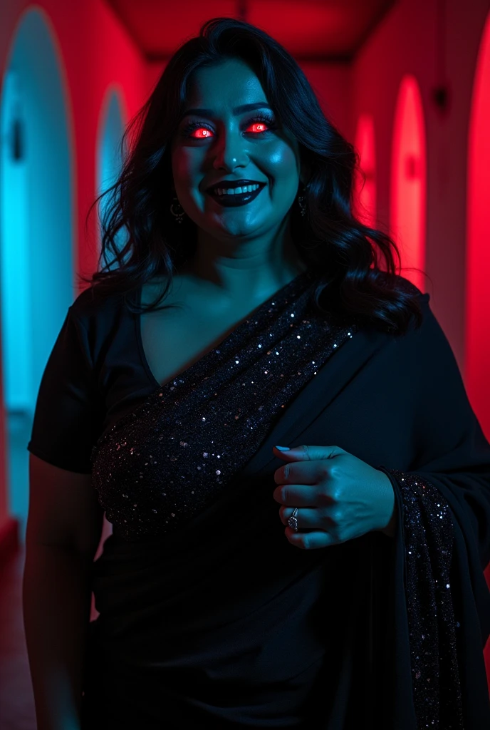 Looks like Aparna Dixit, full body Closeup shot, Big chubby aunty, milf, cougar lady witch, horny Gothic milf,  50 years old gorgeous mature lady, pervert demoness, demoness of lust, curvy, black lips, horny face, extremely gorgeous, thick figure, heavy physique, voluptuous, curvy, sexy figure, Fashionable portrait of androgynous alien looking witch wearing veil, glowing eyes, futuristic design, minimal details, givenchy, photoreal, 200mm, hd, f/ 2.0, highly detailed, surreal, sexy beautiful evil woman, sexy bold sequin Saree with strapless Bra, chudail, Pishachini, horror genre, blood-thirsty enchantress, powerful female spirit, eerie, drop dead, in the style of red and blue, (intricate details, hyperdetailed:1.15) (skin texture:1.2), dark Moody tone, cinematic lighting, haunted place in background, 