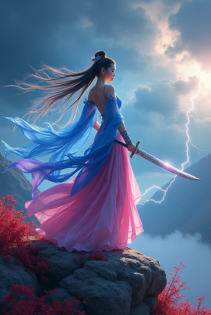 (photorealism:1.2), beautiful woman, standing  on top of a mountain , with a sword in hand ,lightning around her  , wearing ancient chineese goddess  top, battle pants,blue and pink attire ,  long open   hair,white and blue hairs ,  soft lightning effect around the body  , bloody plants in background, ready to battle  pose, animistic , intricate details, ultra Colors,