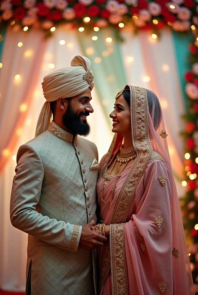 An a bit healthy islamic mulana he is also fair and have light beard guy getting married to a hydrabadi fair short girl, she's a hijabi but show little hair