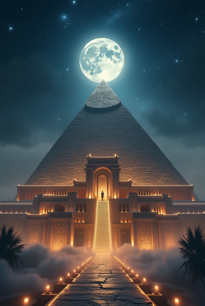pyramid、Pharaoh、No people、moon、Background image of a dark, mystical and futuristic palace amidst the cityscape of Egypt、High quality