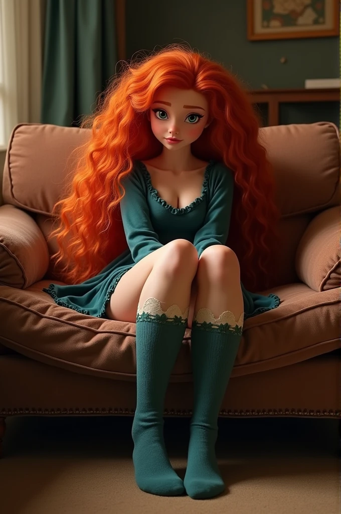 Character Merida wearing only long socks, sexly, lying on the couch showing her huge ass
