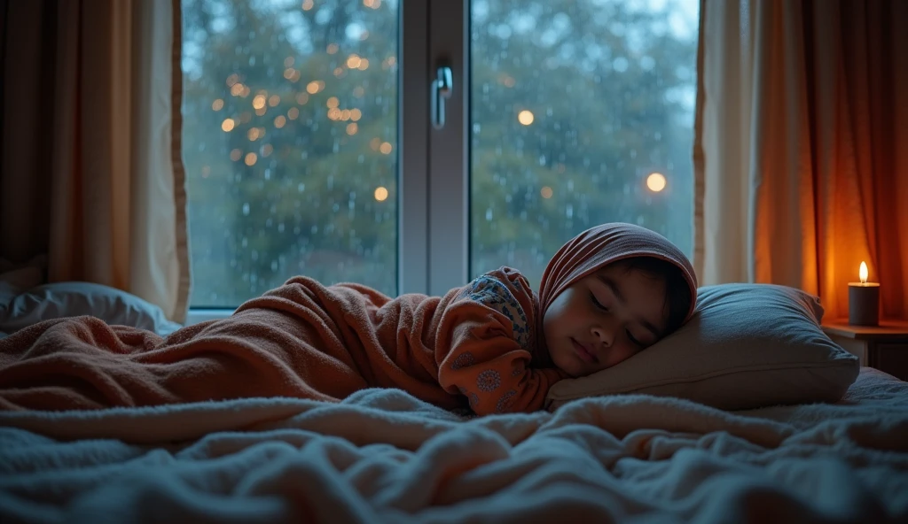A Muslim girl in a headscarf,sleeping soundly in her room.hujan di jendela kaca malam hujan gadus muslim kaca malam hujan wanita