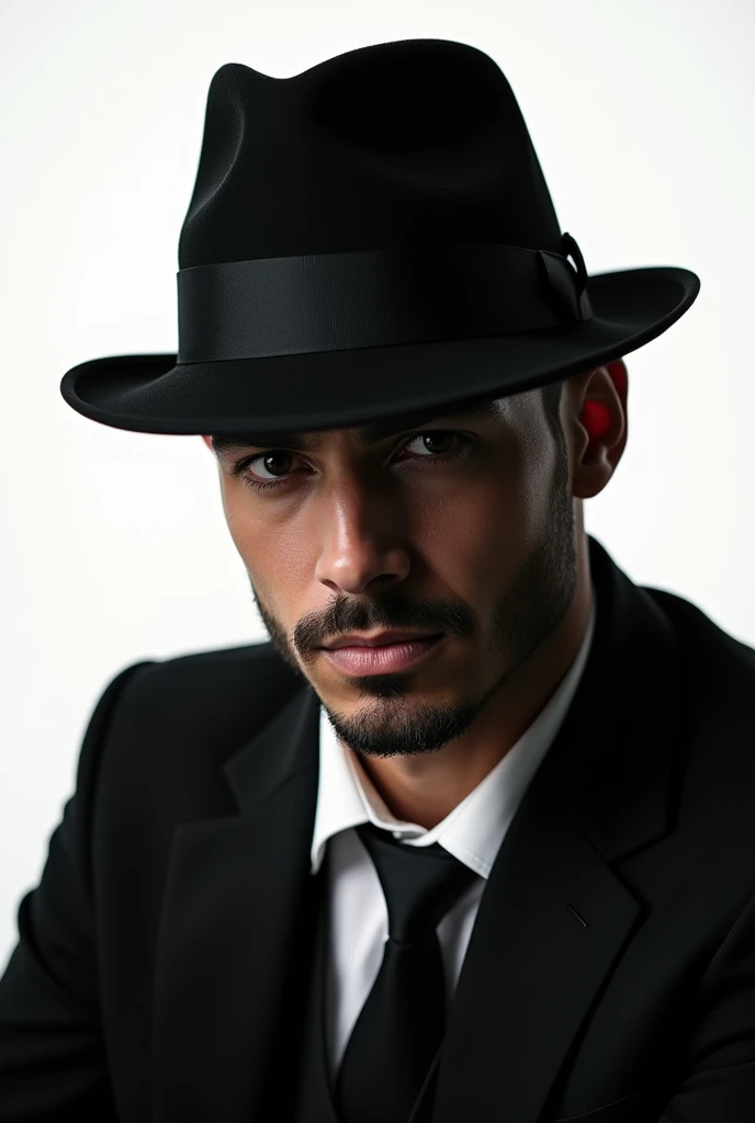  man in black suit, bonitas, in black hat, DETAILED MOUTH AND DETAILED EYES, without hair/scrached, sitting down, white and empty background