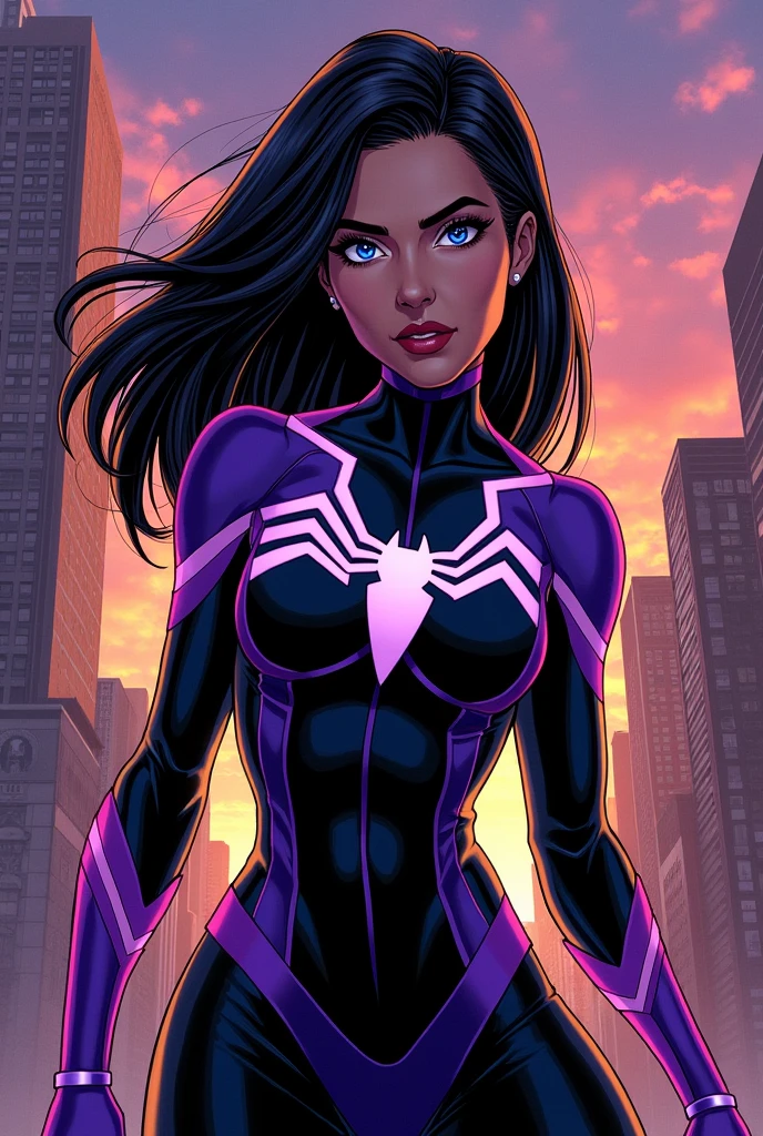 A Marvel comic book poster of a girl named Spider-Woman, the girl has black hair with white front strands, blue eyes, and her costume is black and purple. 