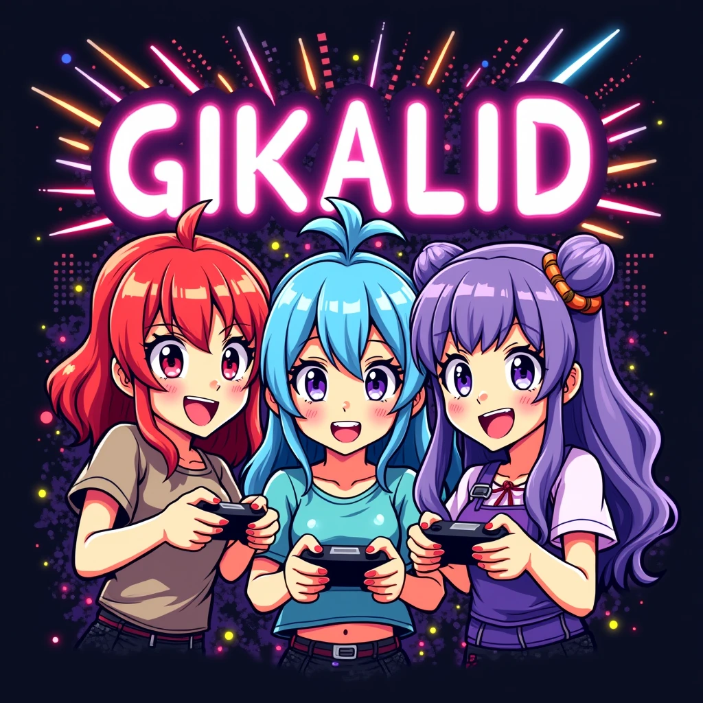 make a logo anime girls playing games and text GIKALID add more girls 3 