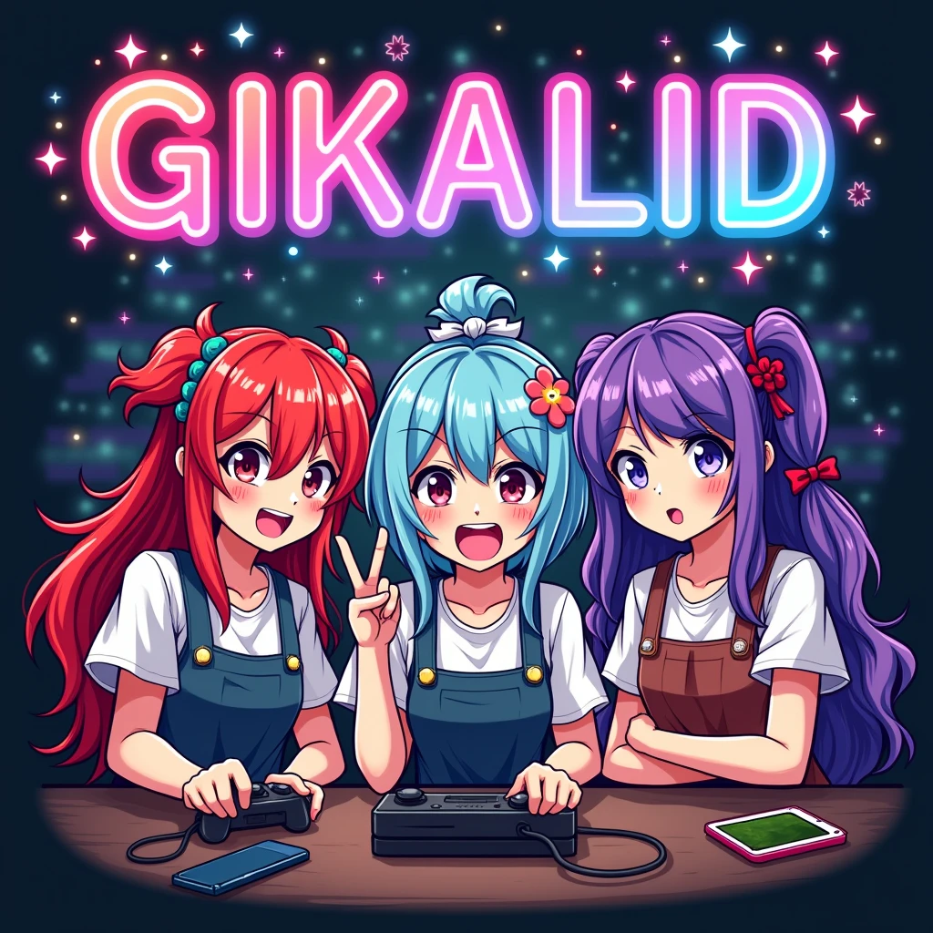 make a logo anime girls playing games and text GIKALID add more girls 3 