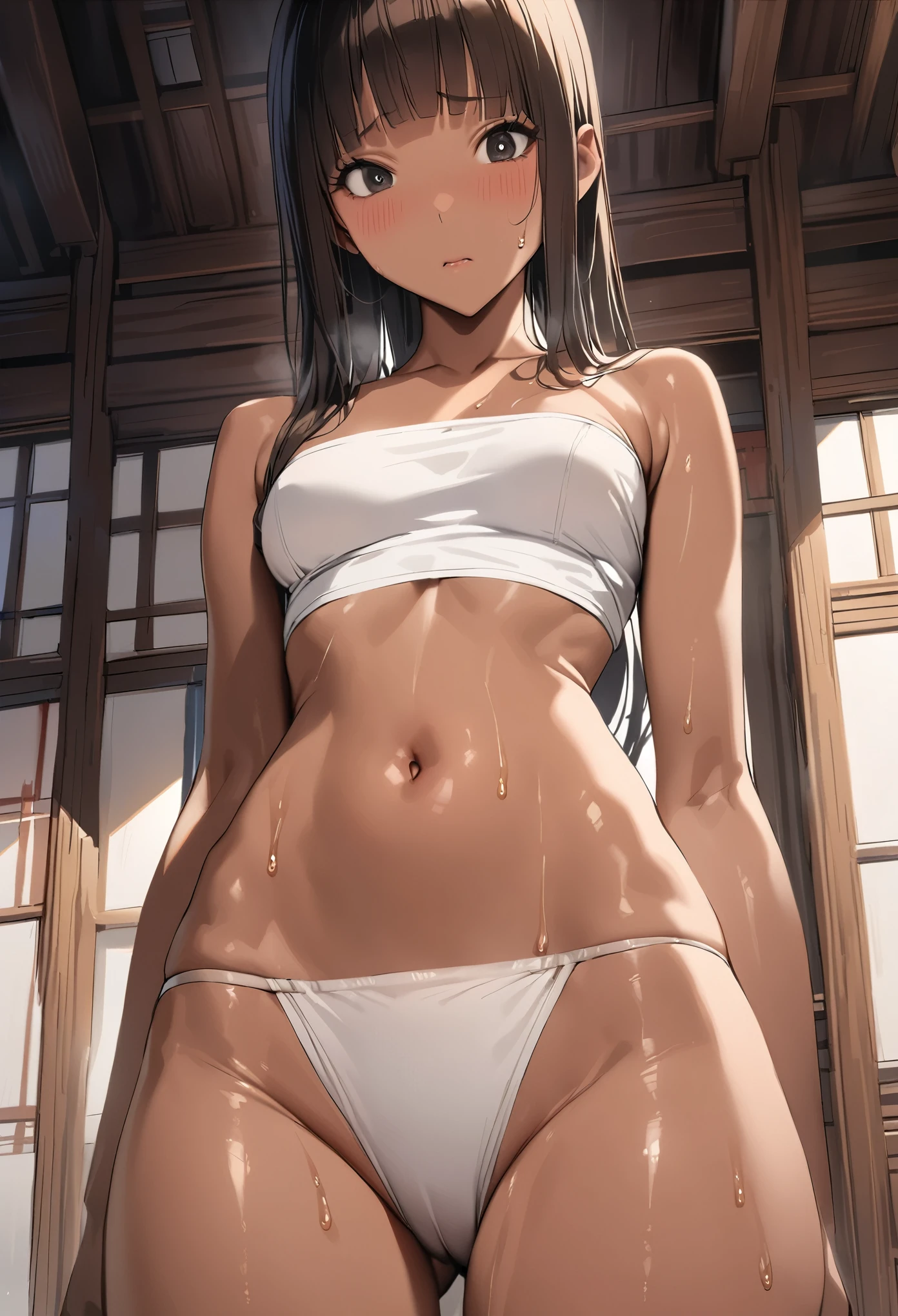 ((masterpiece,best quality anime,Highest quality:1.3)),realistic,cowboy shot,(25 year old beauty),Female ninja、1woman,独奏,((very small head:1.4)),((very long body:1.3)),black hair,bangs,(long ponytail hair),gorgeous big eyes,black eyes,shy,((tan skin:1.4)),((slender body:1.3,skinny)),medium breasts,gleaming skin,shiny skin,((White brown、White tube top shirt、navel、)),sweat:1.3,standing,Domestic、Temple、