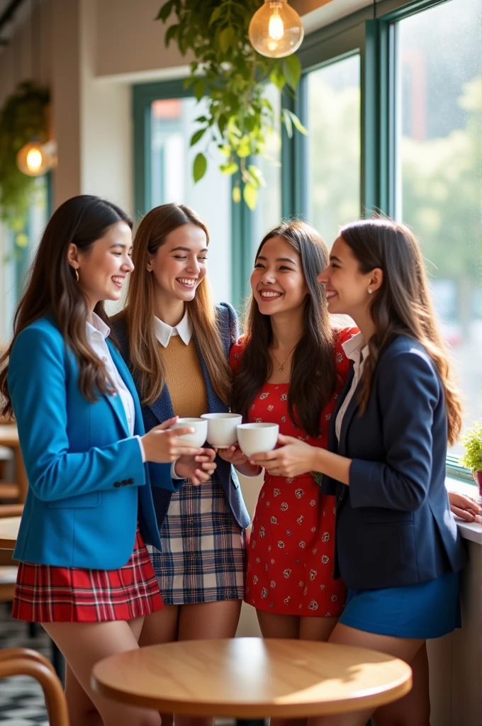5 images of four girls wearing different uniforms, sitting in a cafe. they are talking, smiling and holding their coffees