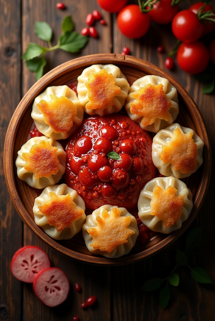 Please design a logo for a shop specializing in pan-fried dumplings and Harbin red sausage that can be used on a signboard. The requirement is to use real images of pan-fried dumplings and red sausage, and the design should be visually appealing and eye-catching for use on a signboard.