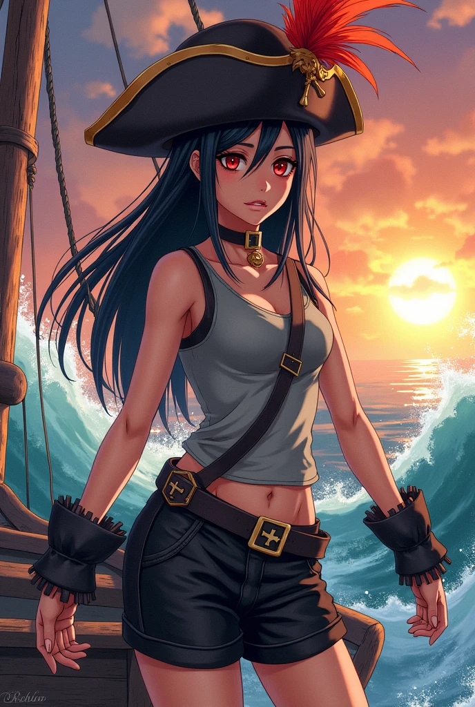 SHE IS A WOMAN, with long straight black hair, he wears a huge pirate hat on his eojo-colored head, a red feather and the brim of the hat are brown, it's white, a password with one giant red eye in the center of its face and no mouth , he wears a gray sleeveless tank top and black shorts with black meduas that have a cross, hasla anime manga style