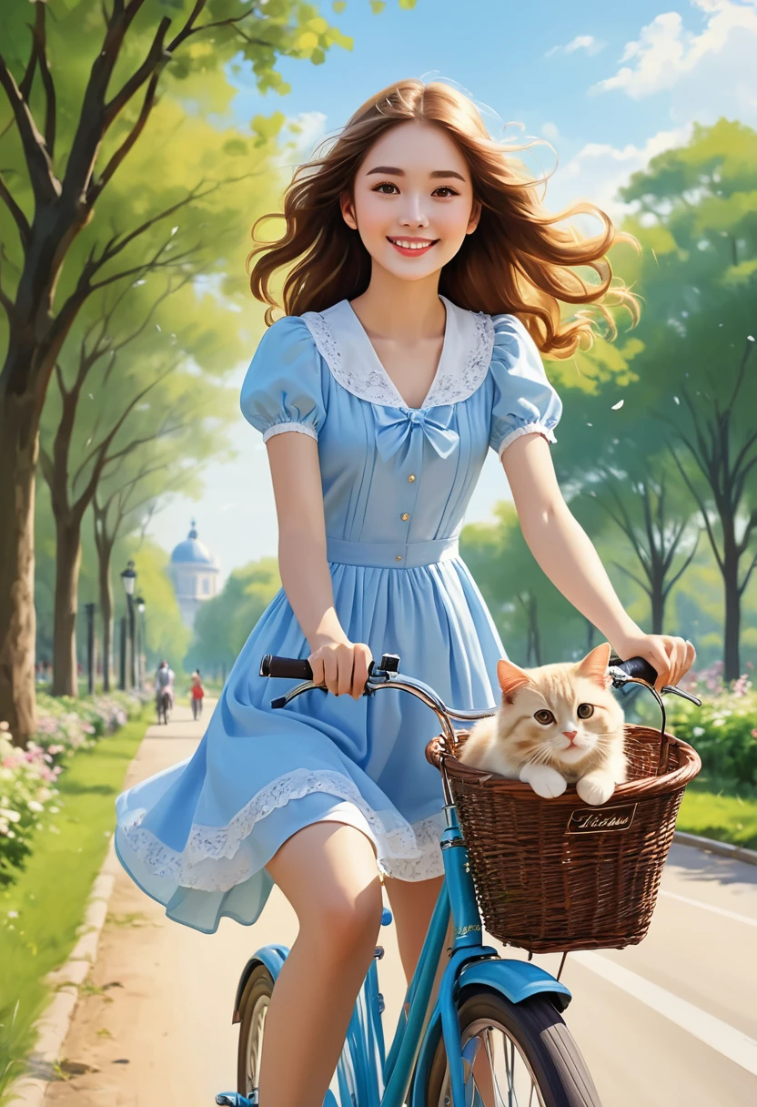 Oil painting style, ((masterpiece)), Oil painting style, Top quality, Painting, A  girl with flowing hair and pale and clear skin, A pretty and cute face with delicate features_Delicate eyes, Riding a vintage bicycle through a picturesque park. A Labrador Retriever and a cute cat in the bicycle basket accompany her, She is wearing a light summer dress fluttering in the wind, Her smile radiates joy and freedom as she pedals along the tree-lined path. 8K Ultra HD,