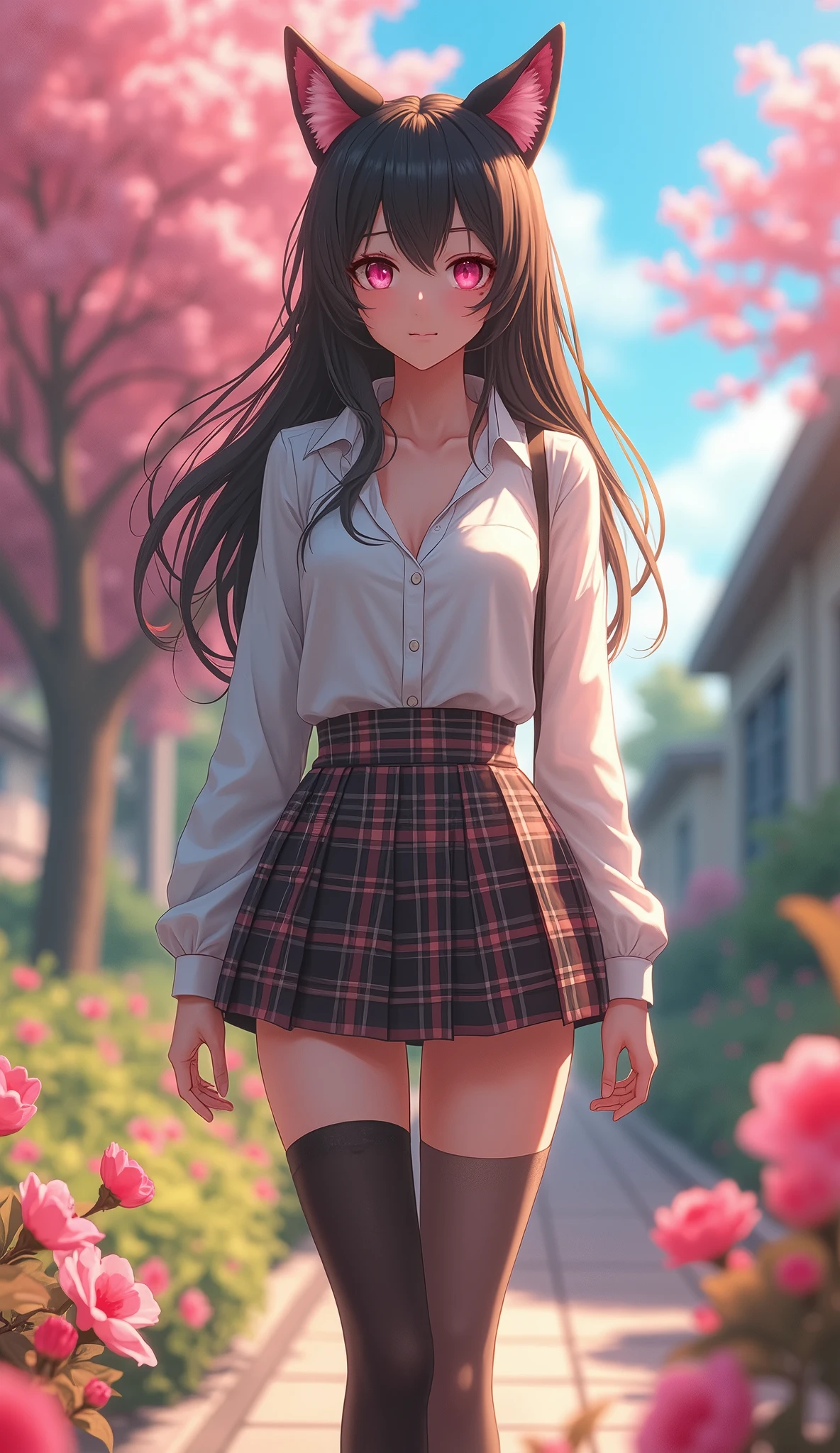 (((There is one girl:1.5))),Waifu E-girl, Cat Ears, Cat Tail, ((Glowing-Pink-Eyes)),(((A tall high school girl with a model figure))),Perfect proportions,(Standing facing this),Full body photography,(wide thighs, Very long legs),Fleshy,Mid-chest,(((Cleavage))),Breast enlargement,swelling of the nipples,Unbutton your shirt,Loafer Asterpiece on the ground:1.3),((8k, Photorealistic:1.4)),((Surreal,RAW Photos, highest quality: 1.4)),((Ultra high definition,Super detailed)), Beautiful Face,((Realistic face),(Brown's shortcuts:1.3)),Short Hair,Disheveled Hair,Fluffy hair,Detailed eyes,Realistic beautiful skin,Golden Ratio,Super cute,Open your mouth a little,smile,High school girl in summer clothes,White shirt,Sweaty,Wetty,(Wet shirt),See-through shirt,Light clothing,Surreal school girl,pleated micro mini skirt,Checkered micro mini skirt,Pleated miniskirt with tartan check,((I can see your panties!!)),pantyhose,(Black Stockings),((Knee-high stockings)),loafers,Esbian all over,High school girl wearing JK uniform,Sexy pose,Anatomically accurate body,Precisely drawn fingers,