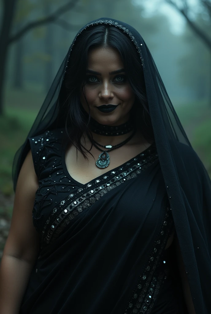 Looks like Aparna Dixit, full body Closeup shot, Big chubby aunty, milf, cougar lady witch, horny Gothic milf, 20 years old gorgeous mature lady, pervert demoness, demoness of lust, curvy, black lips, horny face, extremely gorgeous, thick figure, heavy physique, voluptuous, curvy, sexy figure, Fashionable portrait of androgynous alien looking witch wearing veil, glowing eyes, futuristic design, minimal details, givenchy, photoreal, 200mm, hd, f/ 2.0, highly detailed, surreal, sexy beautiful evil woman, sexy bold sequin Saree with strapless Bra, chudail, Pishachini, horror genre, blood-thirsty enchantress, powerful female spirit, eerie, drop dead, in the style of red and blue, (intricate details, hyperdetailed:1.15) (skin texture:1.2), dark Moody tone, cinematic lighting, haunted place in background,