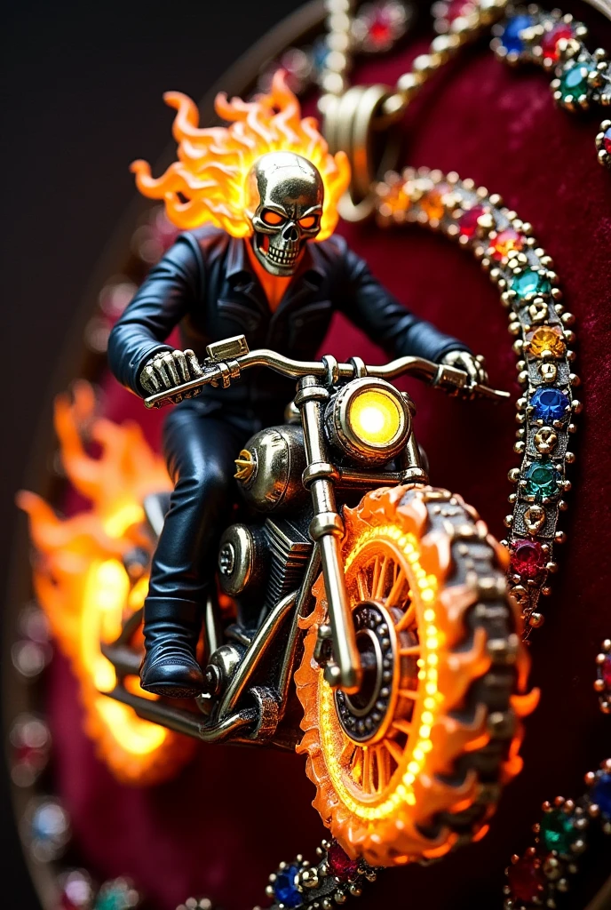 Ghost rider on motorcycle designs into pendants of gold and colored diamond more designs