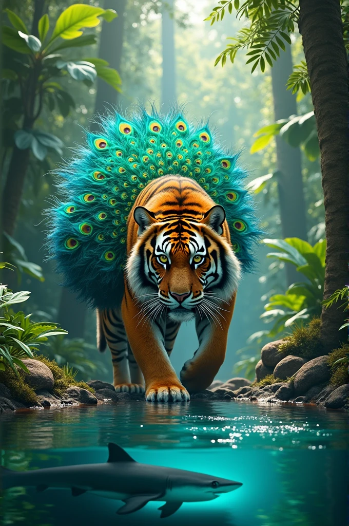 Create realistic images of exotic creatures, consisting of tiger, peacocks, shark.