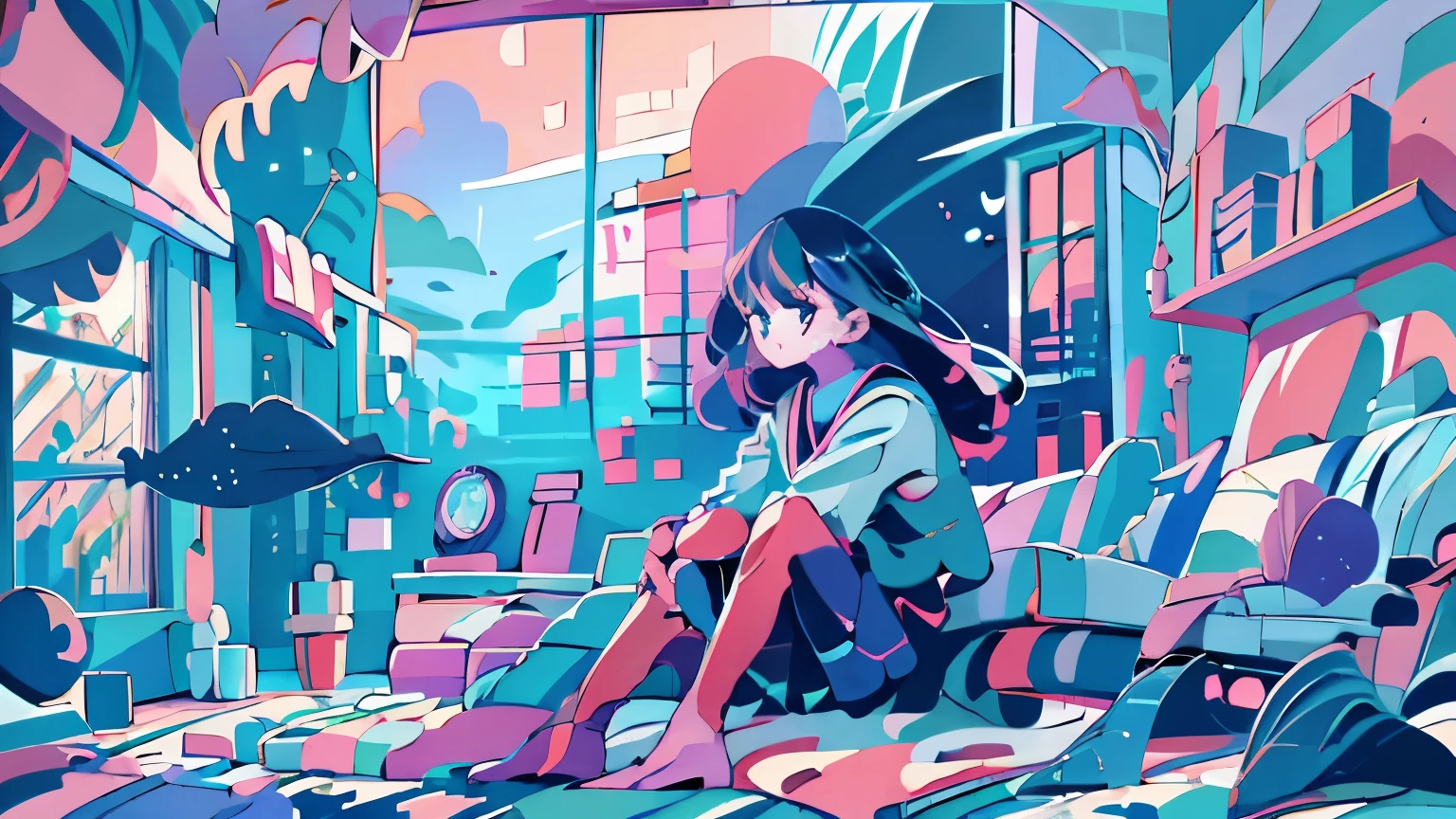 #quality(8k,best quality, masterpiece,super detailed),solo,#1 girl(qute,kawaii,girl,sitting on bed, big eyes,simple face),#background(messy room,big window,you can see ocean from window),VectorImg