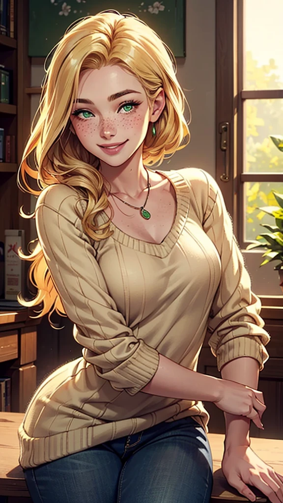 a man in a sweater, a man, a beautiful woman with brown hair, a cute young blonde girl, She is blonde, A blonde woman, a young blonde woman, brown head, neckleace, one is short blonde blonde, cute freckles, beautiful seductive smile, with blond hair and green eyes, beautiful and smiling, smiling seductively.
