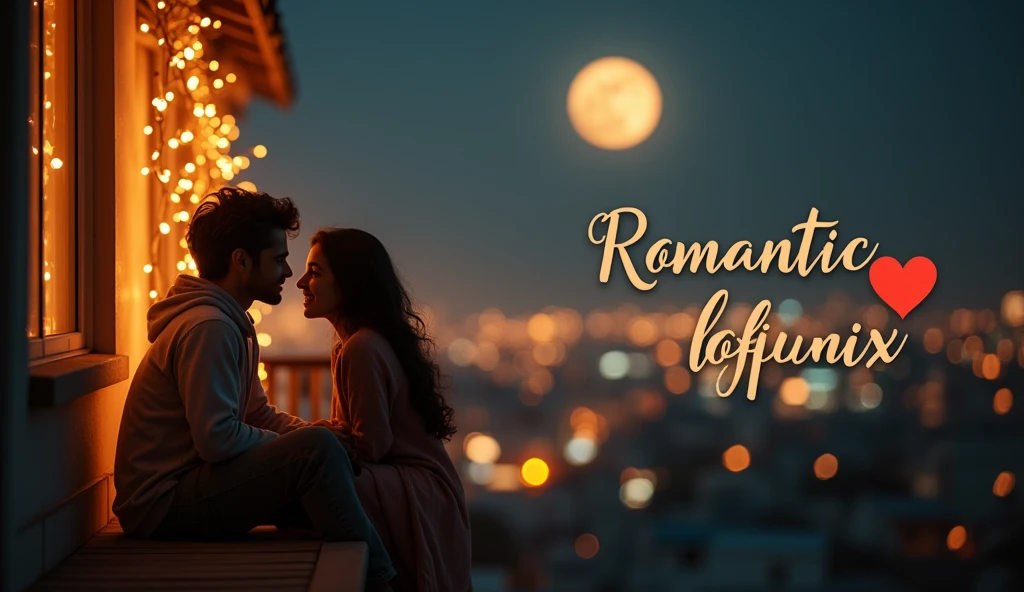 (Here's a prompt for creating a thumbnail image for your lofi romantic song:
**Thumbnail Prompt:**
"A dreamy, lofi-inspired thumbnail for a Hindi romantic song. The scene should depict a serene nighttime setting with a young couple sitting on a cozy balcony, surrounded by soft fairy lights. The moonlight bathes the couple in a gentle glow as they gaze lovingly at each other. The background features blurred, twinkling city lights in warm tones. The text 'Romantic lofi mix' should be elegantly displayed in a stylish, cursive font, with a subtle heart icon beside it. The overall mood is warm, nostalgic, and heart-touching, with a soft, vintage filter enhancing the romantic atmosphere.":1.2), beautiful woman, sitting on bed, wearing loose off-shoulder top, pajama pants, long curly hair, indoors, soft lighting, plants in background, window with sunlight, cozy room, relaxed pose, realistic, intricate details, warm colors, by Greg Rutkowski, by Alphonse Mucha