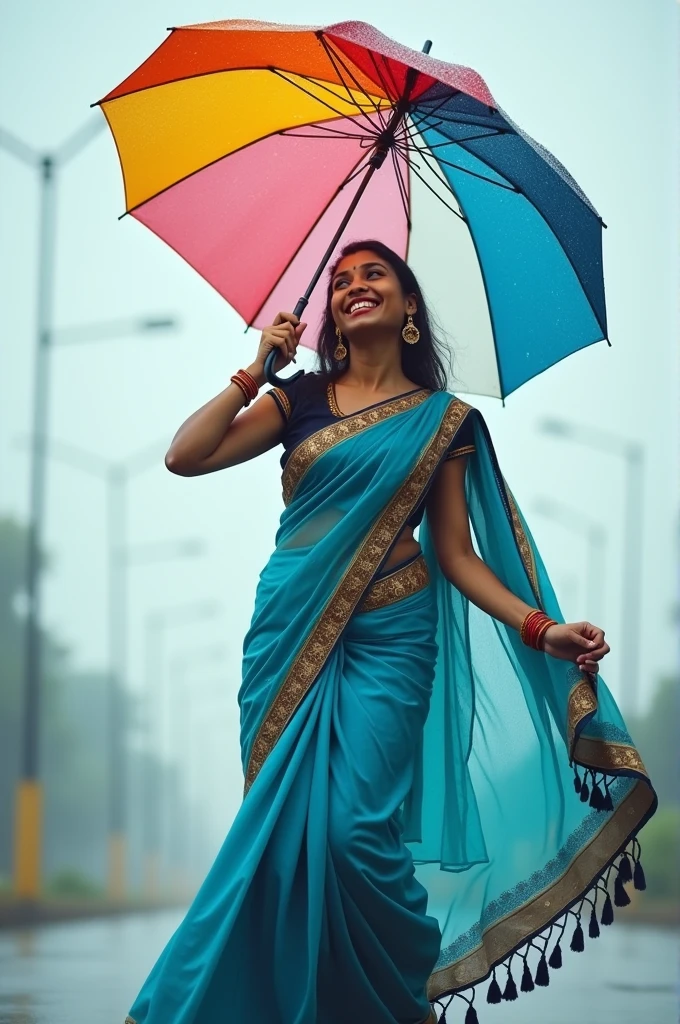 real photo of an indian 25 year old girl,designed blue, White and black saree,holding muti coloured umbrella in rain, highly detailed cinematic photo 8k, hdr, full color, white background, pleasant face,dancing