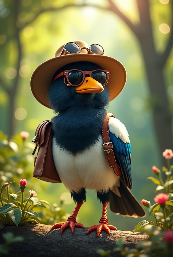 Une pie qui porte des bottes, un chapeau d'explorateur, un baluchon et des lunettes de soleil