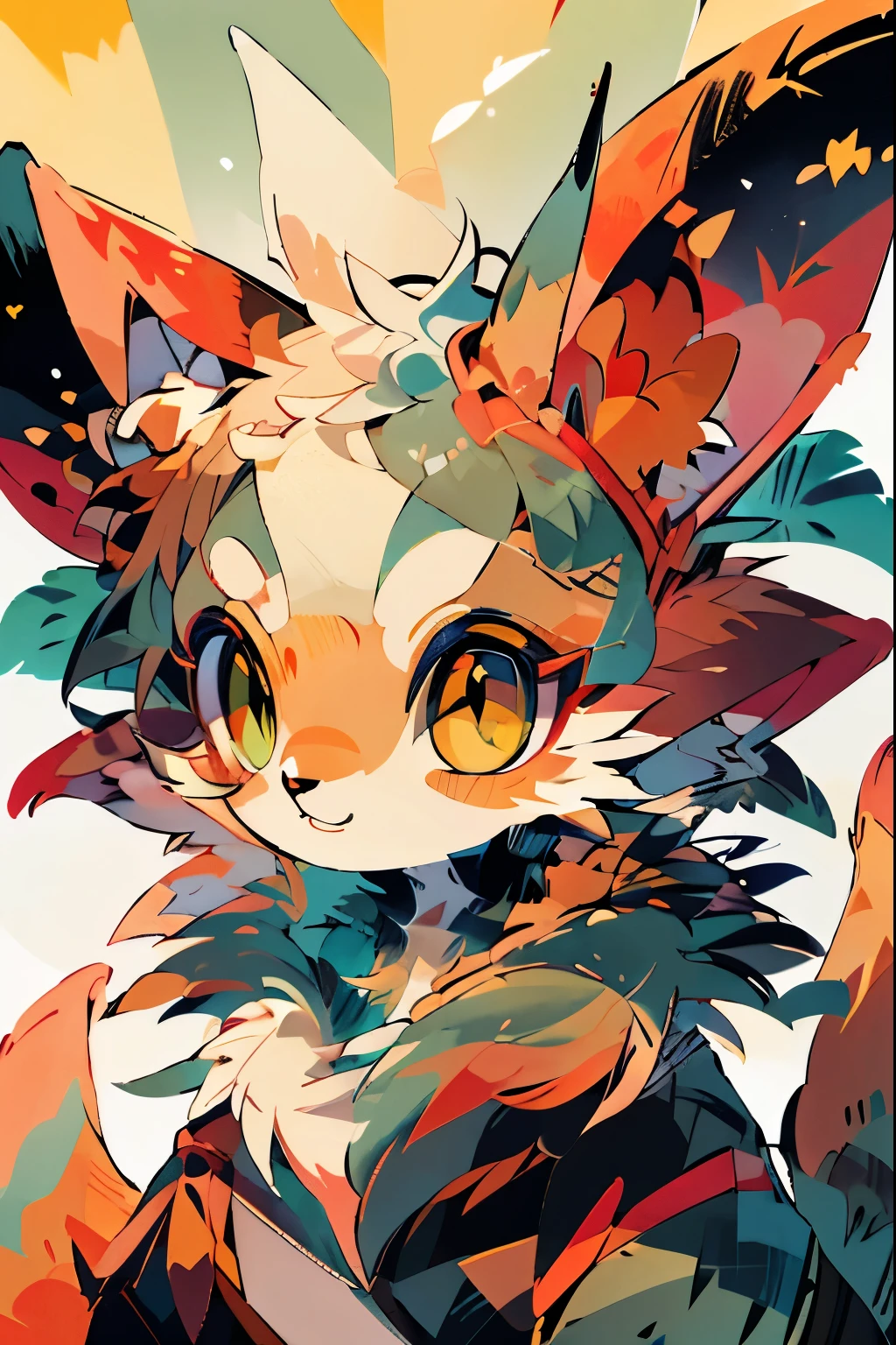 #quality(8k,best quality, masterpiece,super detailed),solo,#1 girl(qute,kawaii,,fox girl, yellow fur,eye color is cosmic,big eyes,from below,smile,huge breast,close up head:1.2),#background(so cute,simple,),VectorImg