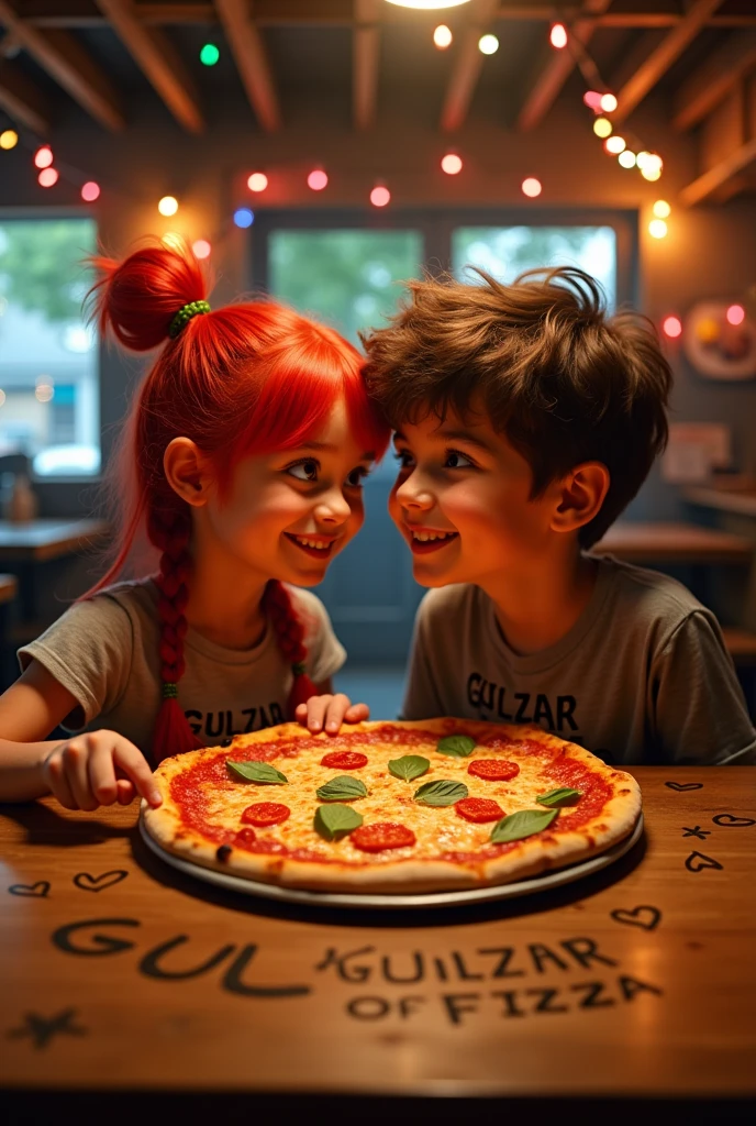 A girl and a boy are eating pizza together in a restaurant and on the table on which the pizza is lying, there is written on the top of the table GULZAR LOVE FIZZA.