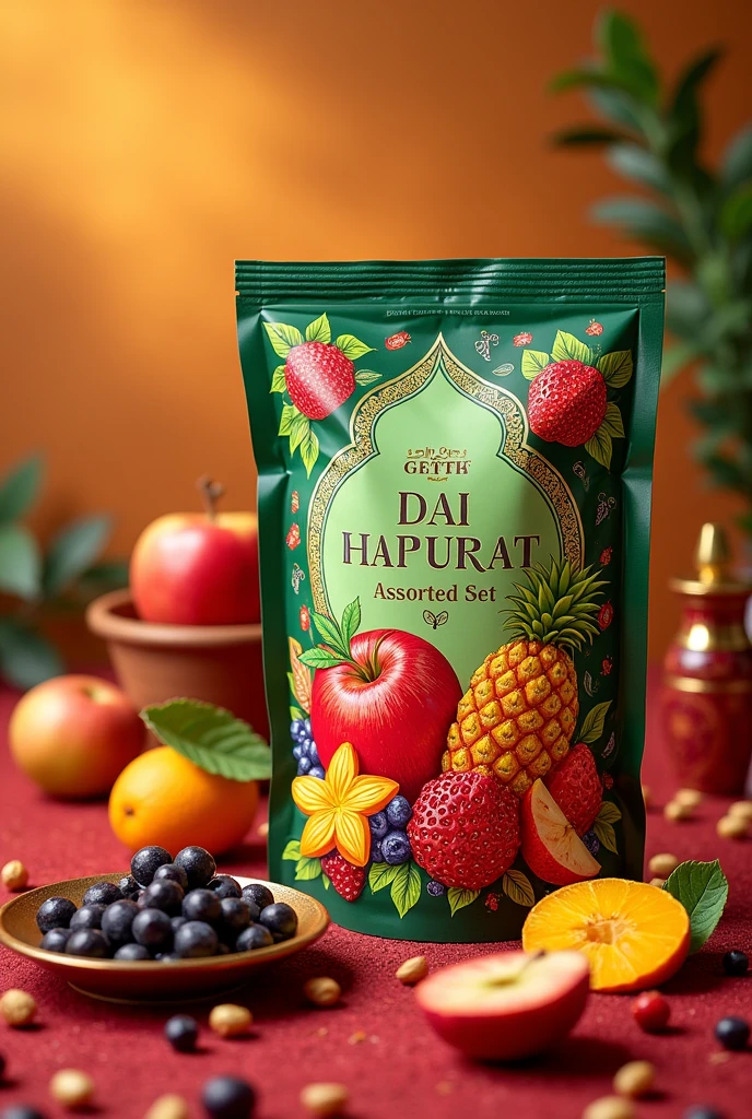 a package design for an assorted set of dehydrated fruits festive Indian design with apple strawberry jamun mango pineapple chickoo