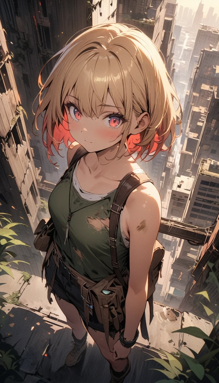 (girl looking down on city alone from top of tall building), (beautiful girl, beautiful face, beautiful shining eyes, shaggy short hair, dirty tattered clothes, knapsack, survival knife), devastated futuristic city, desolate landscape, abandoned skyscrapers covered in vegetation, civilization and remnants of technology, post-apocalyptic world. Sunset sky, dynamic composition, 
((best quality: 1.2, very detailed, ultra-high resolution, absurdres: 1.3, highres: 1.3, masterpiece: 1.2, top quality, best aesthetic, fine texture, perfect lighting: 1.2, best shadow, sharp focus: 1.3, high contrast, high color saturation)), (anatomically correct, perfect hands: 1.2), (professional photography:1.2), cowboy shot, from above, cinematic lighting, anime style, 