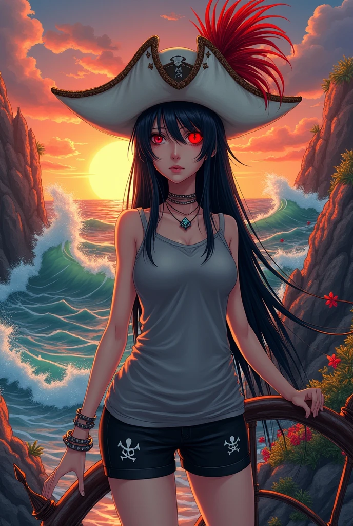 SHE IS A WOMAN, with long straight black hair, he wears a huge pirate hat on his eojo-colored head, a red feather and the brim of the hat are brown, it's white, a password with one giant red eye in the center of its face and no mouth , he wears a gray sleeveless tank top and black shorts with black meduas that have a cross, hasla anime manga style