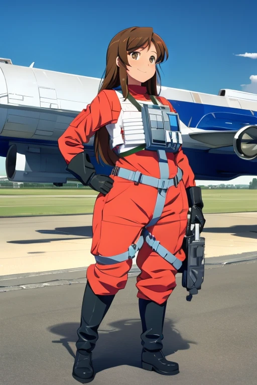 1girl, solo, large breasts, thick thighs,pilot uniform, happy, dark brown hair, long hair, dark brown eyes, standing