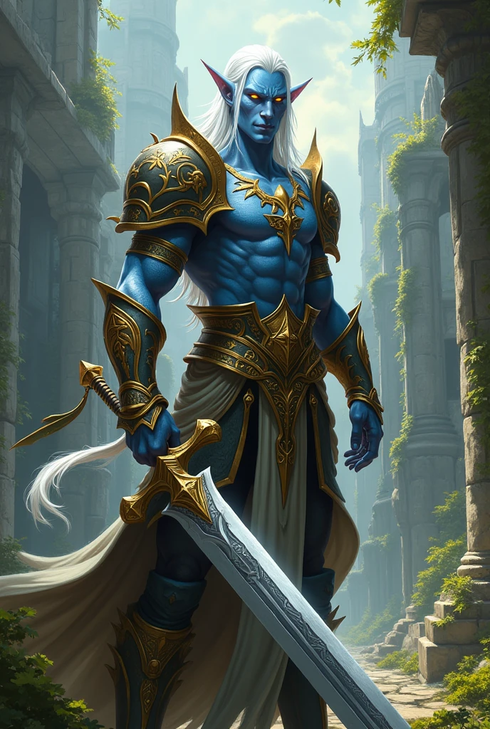 draenei, glowing eyes, colored sclera, tail ornament, hooves, plae bluish white skin, yellow eyes, white hair, paladin, heavy armor, long hair, rich bacground, wallpaper, looking at the camera, male, gold two handed sword