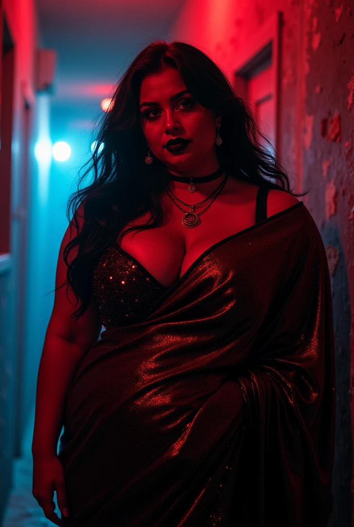Looks like Aparna Dixit, full body Closeup shot, Big chubby aunty, milf, cougar lady witch, horny Gothic milf, 35 years old gorgeous mature lady, pervert demoness, demoness of lust, curvy, black lips, horny face, extremely gorgeous, thick figure, heavy physique, voluptuous, curvy, sexy figure, Fashionable portrait of androgynous alien looking witch wearing veil, glowing eyes, futuristic design, minimal details, givenchy, photoreal, 200mm, hd, f/ 2.0, highly detailed, surreal, sexy beautiful evil woman, sexy bold sequin Saree with strapless Bra, chudail, Pishachini, horror genre, blood-thirsty enchantress, powerful female spirit, eerie, drop dead, in the style of red and blue, (intricate details, hyperdetailed:1.15) (skin texture:1.2), dark Moody tone, cinematic lighting, haunted place in background,