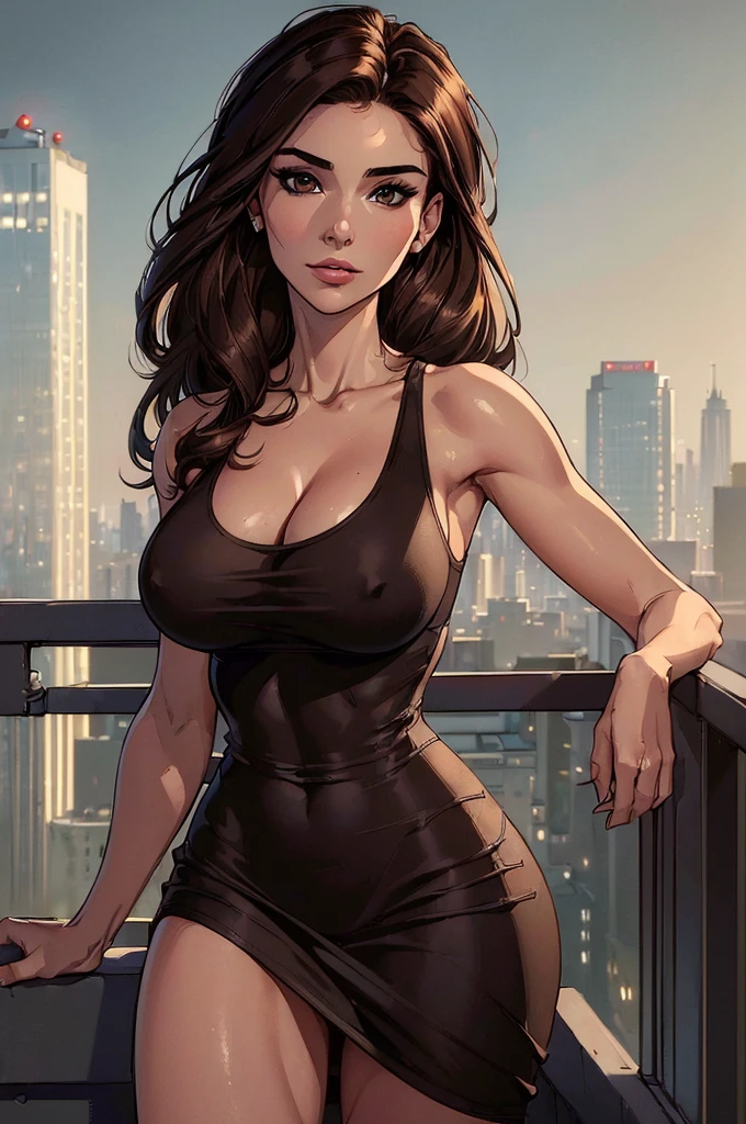 ((Best quality, 8k, Masterpiece :1.3)), Whole body, Sharp focus :1.2, A pretty woman with perfect figure :1.4, Slender abs :1.2, ((Dark brown hair, Big breasts :1.2)), Tank top dress :1.1, (Night city view, Modern balcony :1.1), Highly detailed face and skin texture, Detailed eyes, Double eyelid