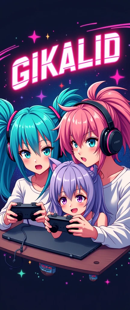 make a logo anime girls playing games and text GIKALID add more girls 3