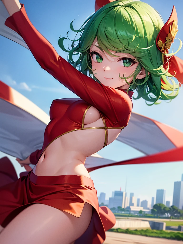 (high res, 8K, masterpiece, looking at viewer, best quality, very aesthetic, ultra detailed, ultra background, ultra Eyes, Realistic Eyes), intricate details, 1girl, Tatsumaki, plain red clothes, Smile Face, short white jeans, Indonesian flag sticker on right cheek, Green short hair, Green eyes, holding the Indonesian flag, Indonesian flags on every street, Background Monas, Indonesian, Cinematic Angle